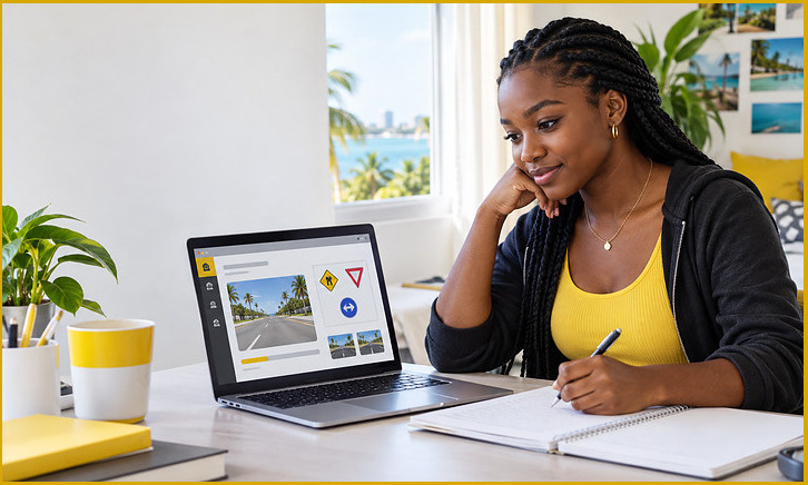 A learner completing the Simmons Driving School self-paced Theory Prep course online