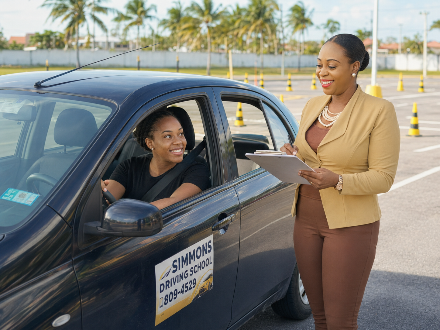 Lakeisha Simmons beside a Simmons Driving School vehicle with her work pad