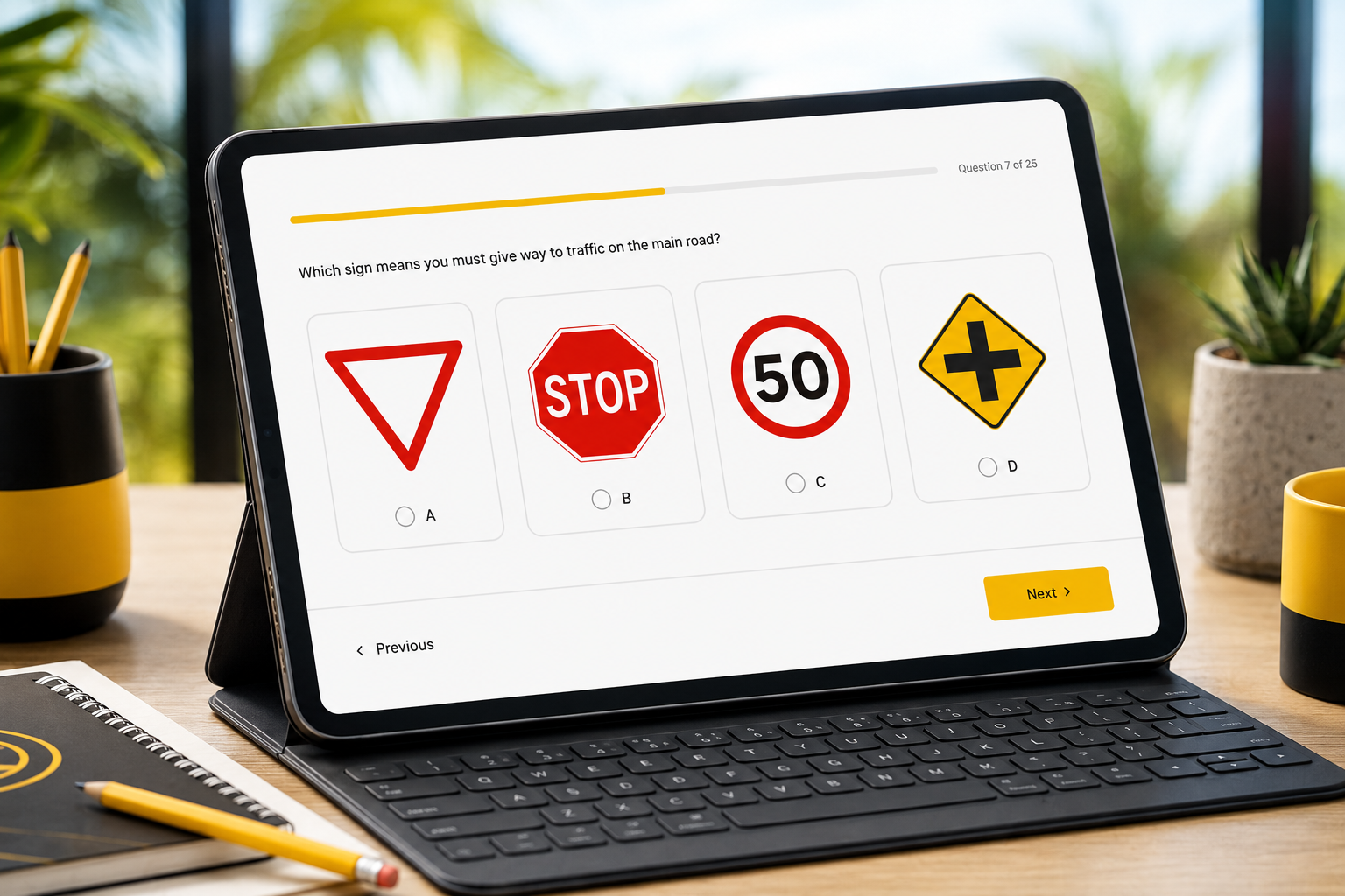 Simmons Theory Prep mock examination displayed on a tablet
