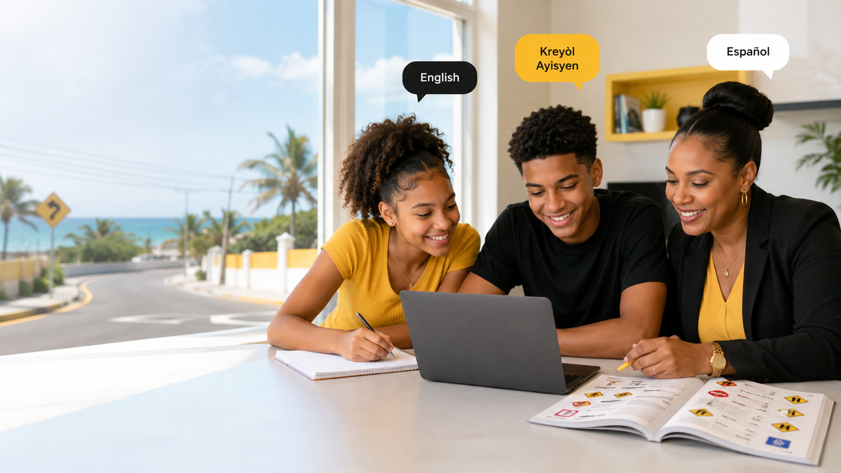 Teen and adult learners preparing for driving theory in English, Haitian Creole and Spanish